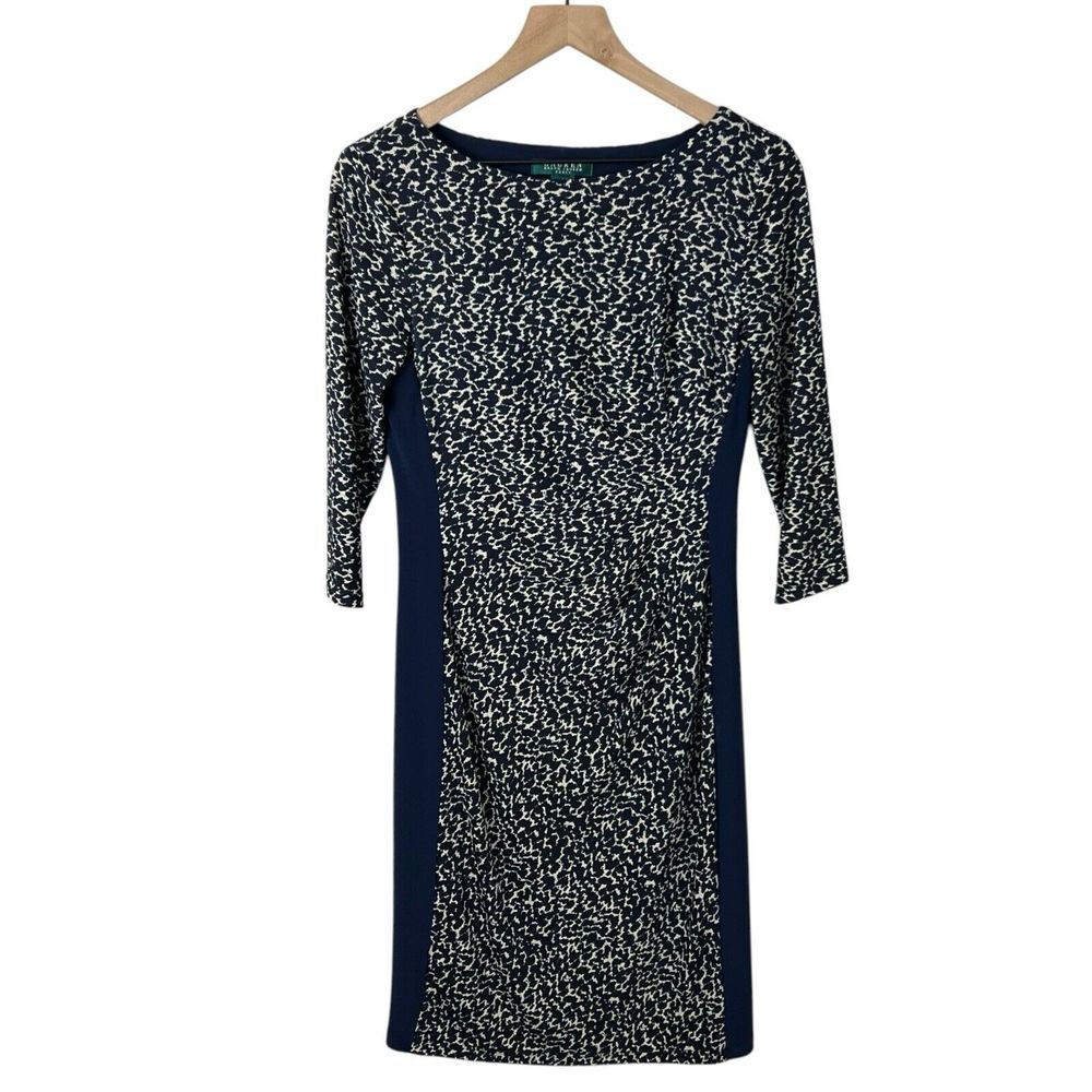 Lauren Ralph Lauren Women 6 Blue Tan Animal Print 3/4 Sleeve Jersey Sheath Dress